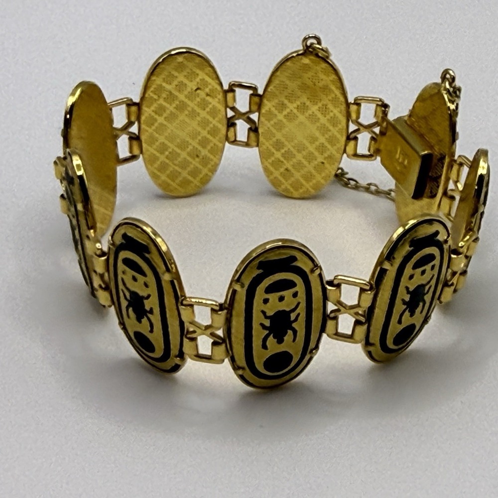 IA Signed Panel Bracelet Egyptian Revival Scarab Beetle Black Gold Tone‎ Safety